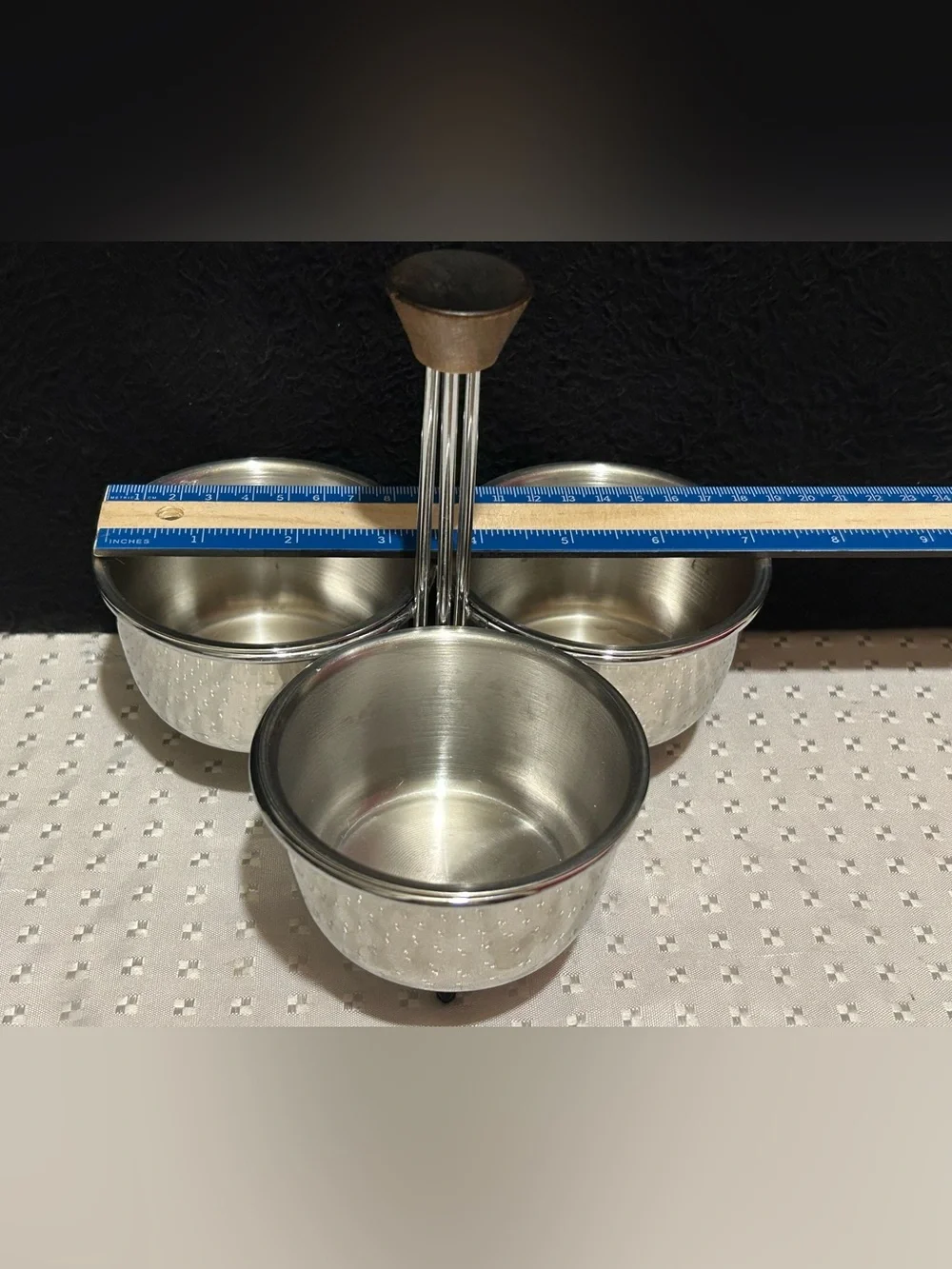 Vintage Stainless Steel Condiment Holder With 3 Bowls & Lids Wood Handle 8